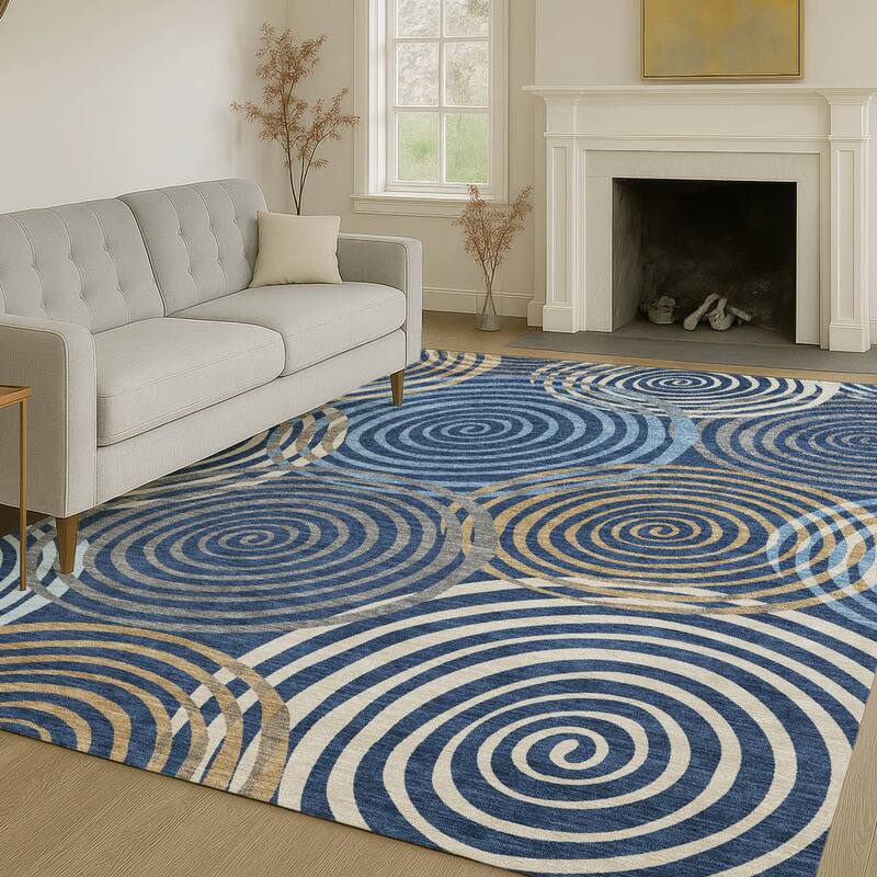 Machine Washable Indoor/ Outdoor Contemporary Swirls Chantille Rug