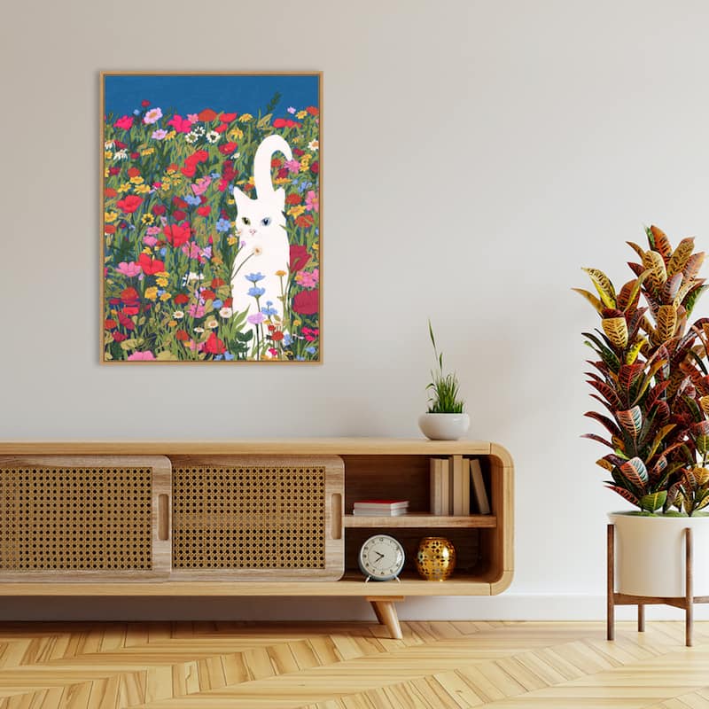 White Cat in the Wildflowers by Ec Mazur Framed Canvas Wall Art