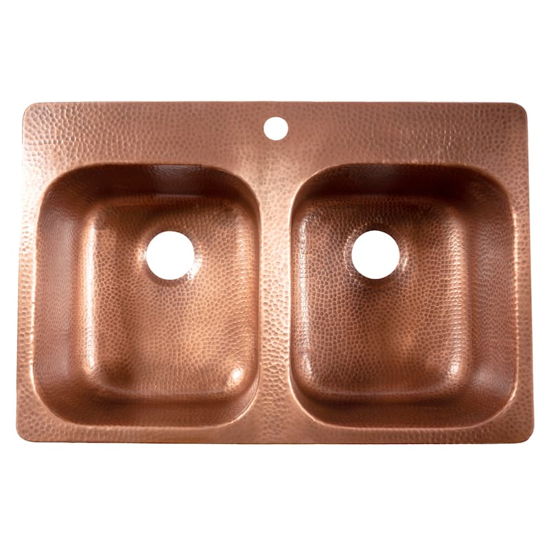Santi Copper 33" Double Bowl Drop-In Kitchen Sink with 1 Hole