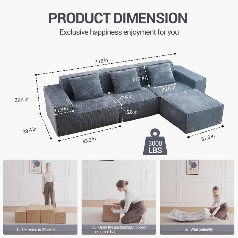 118 Inch Modular Sofa Bed Convertible 3 Seater with Footrest Gray Corduroy Velvet