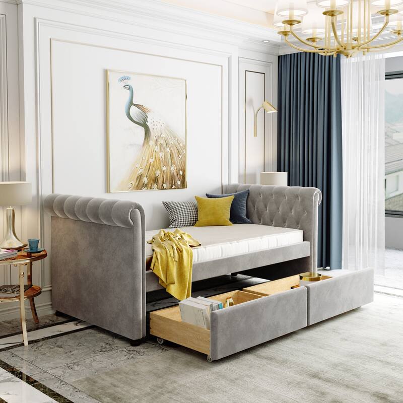 Twin Size Upholstered Daybed with Drawers, Wood Slat Support, No Box Spring Needed - Grey - Twin