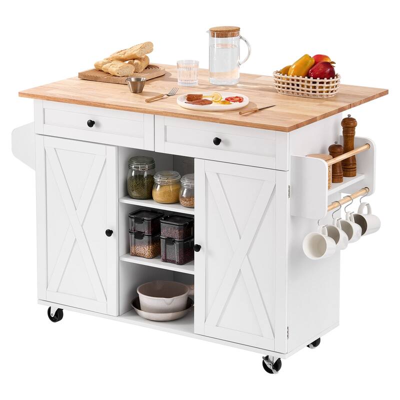 52" Kitchen Island Cart Rolling Storage Cabinet Table with Drawer & Drop Leaf