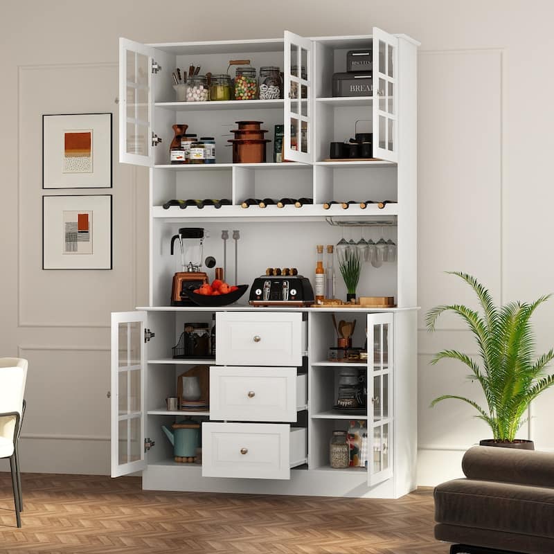 78.9''Pantry Buffet White Buffet with Wine Glass Rack Drawer and Hutch