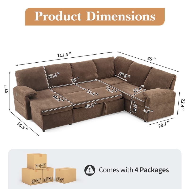 Upholstered Velvet U-Shaped Sectional Sleeper Sofa Corner Sectional Sofa Bed