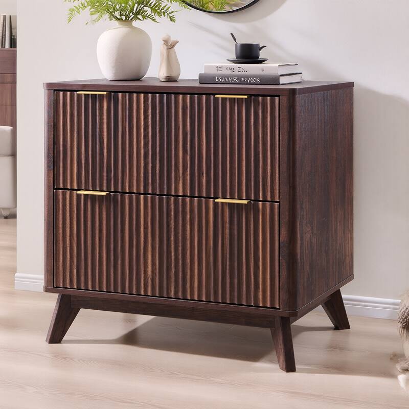 Modern Fluted 2 Drawer Lateral File Cabinet, Office Storage Cabinet - Walnut