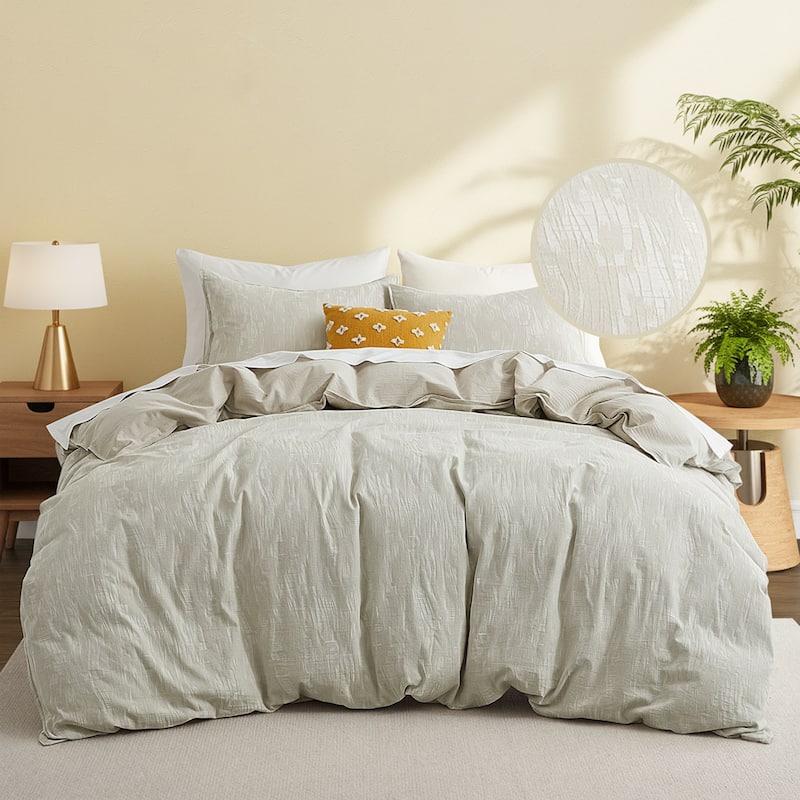 Floral Jacquard Cotton Linen Blend Duvet Cover Set, Bedding Set with Pillowcases - Full - Queen - Grid