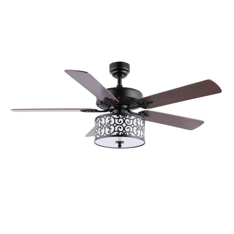 Paolo 52" 3-Light Farmhouse Industrial Iron Scroll Drum Shade LED Ceiling Fan With Remote, Black/White by JONATHAN Y