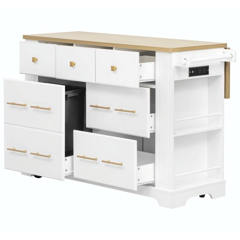 Rolling Kitchen Island with 6 Drawers, Pull-Out Trash Can Storage, Drop Leaf, Power Outlet & Side Racks