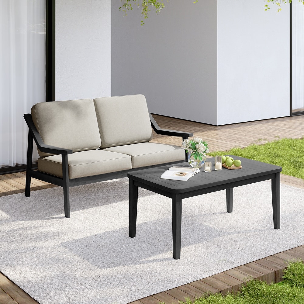 Outdoor Wood Teak Cushioned Patio 2 Seater Loveseat with Coffee Table