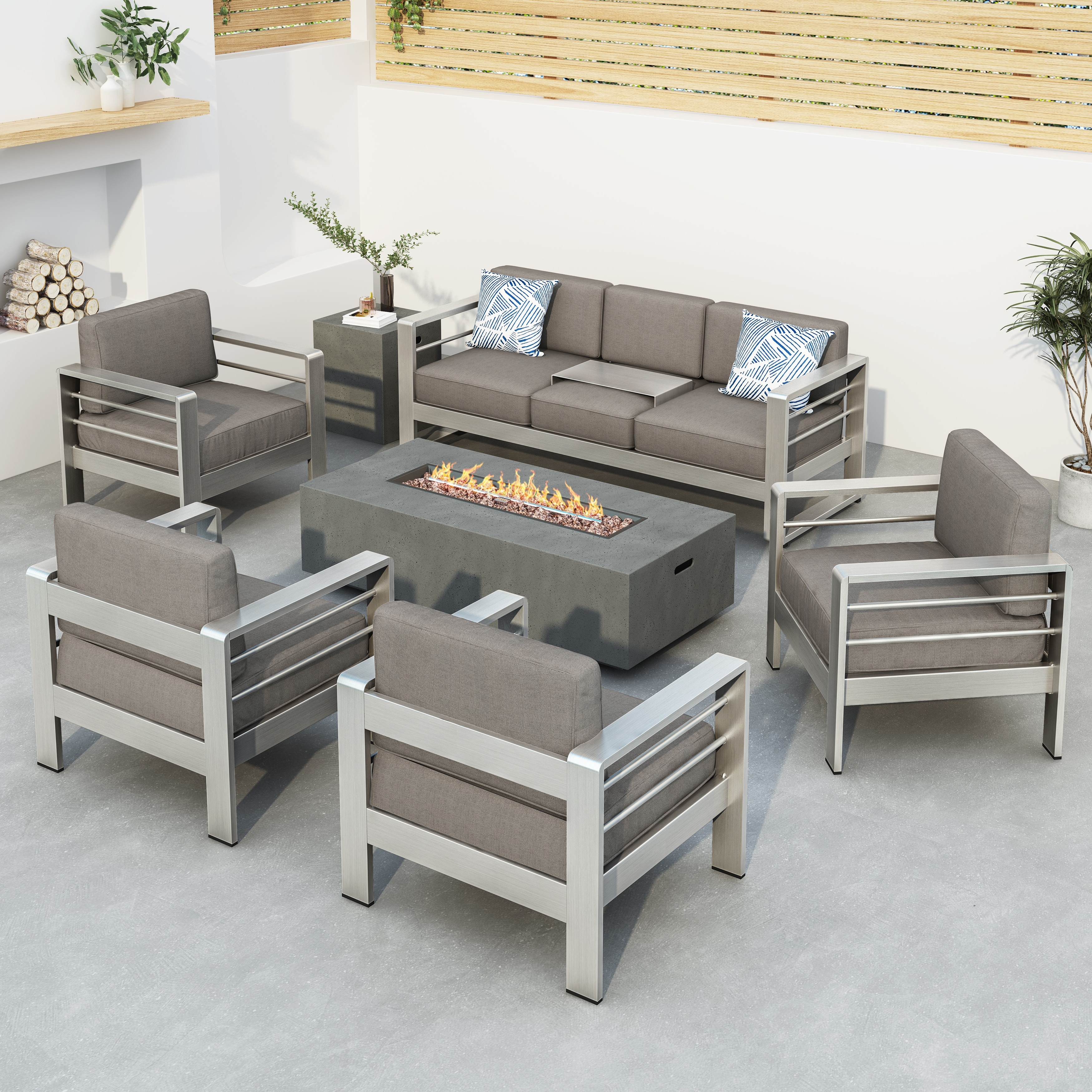 Cape Coral Outdoor 7-piece Chat Set with Fire Table by Christopher Knight Home