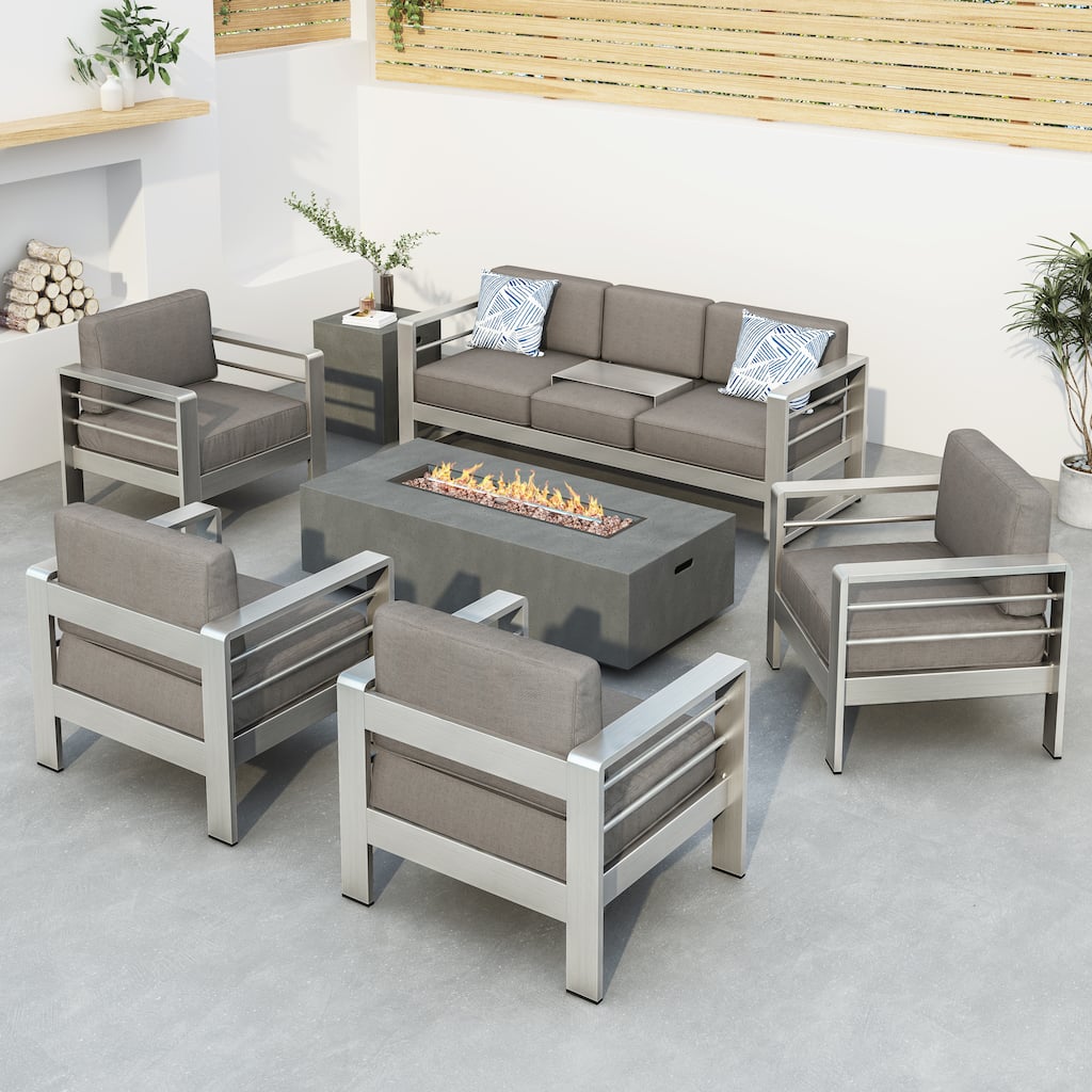 Cape Coral Outdoor 7-piece Chat Set with Fire Table by Christopher Knight Home
