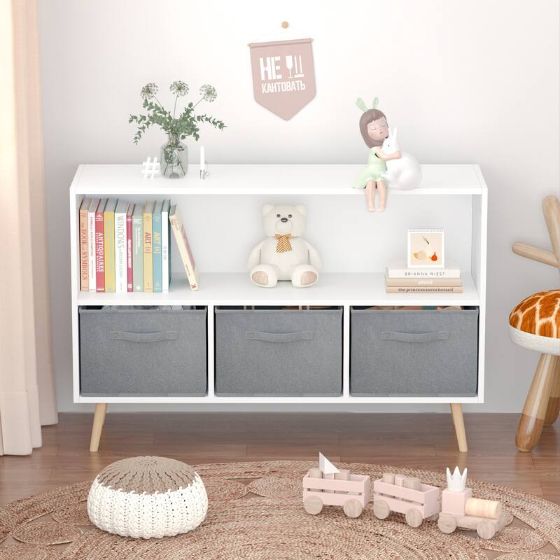 2-Shelf Kids Bookcase with Removable Collapsible Fabric Drawers, Wood Storage Display Organizer for Bedroom, Living Room