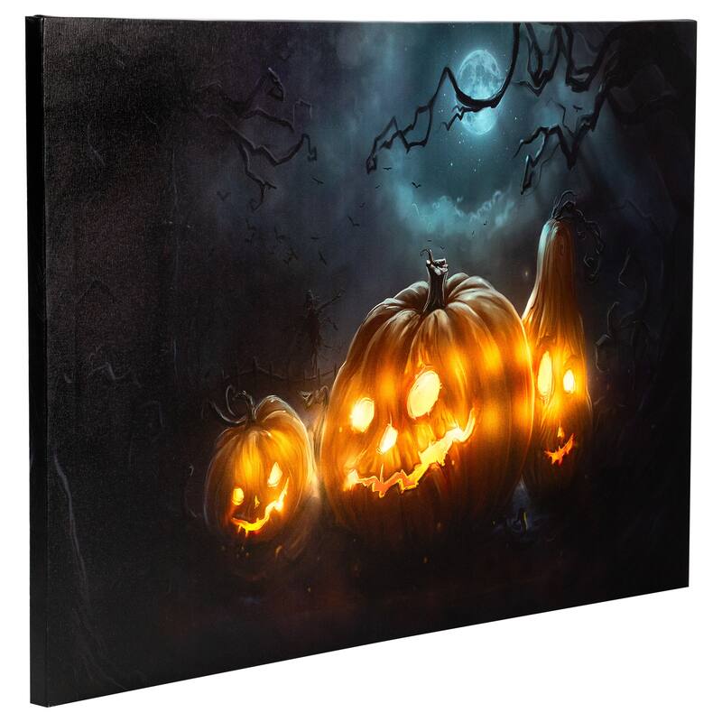 LED Spooky Halloween Jack-O-Lanterns Canvas Wall Art 23.5"x15.75"