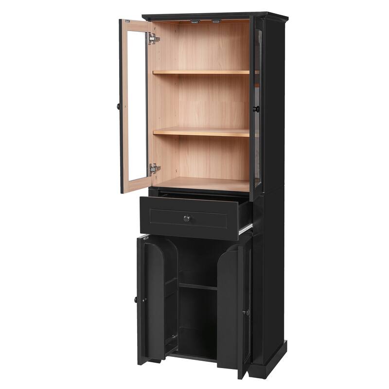Modern Freestanding Tall Cabinet Bathroom Storage Cabinet with Tempered Glass Doors, Adjustable Shelves and Drawer
