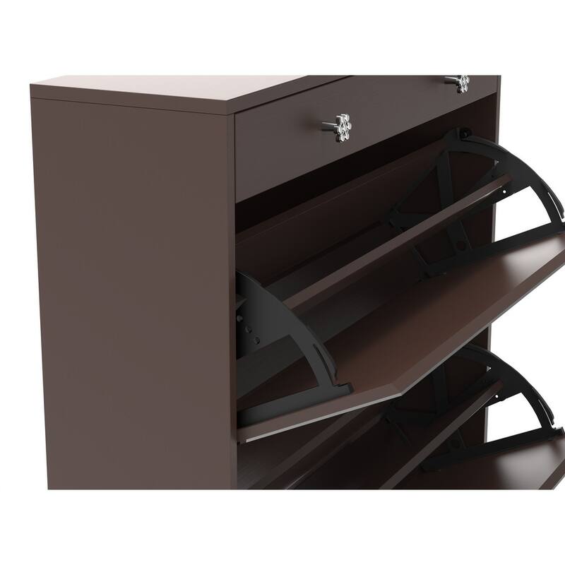 Mirrored Shoe Cabinet with Drawers - Space-Saving Entryway Organizer in Brown Finish