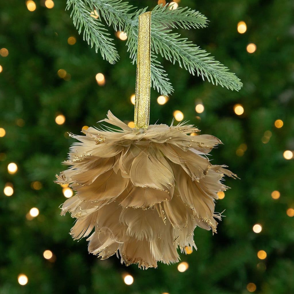 Glittered Feathers Christmas Ball Ornament - 6" - Tan