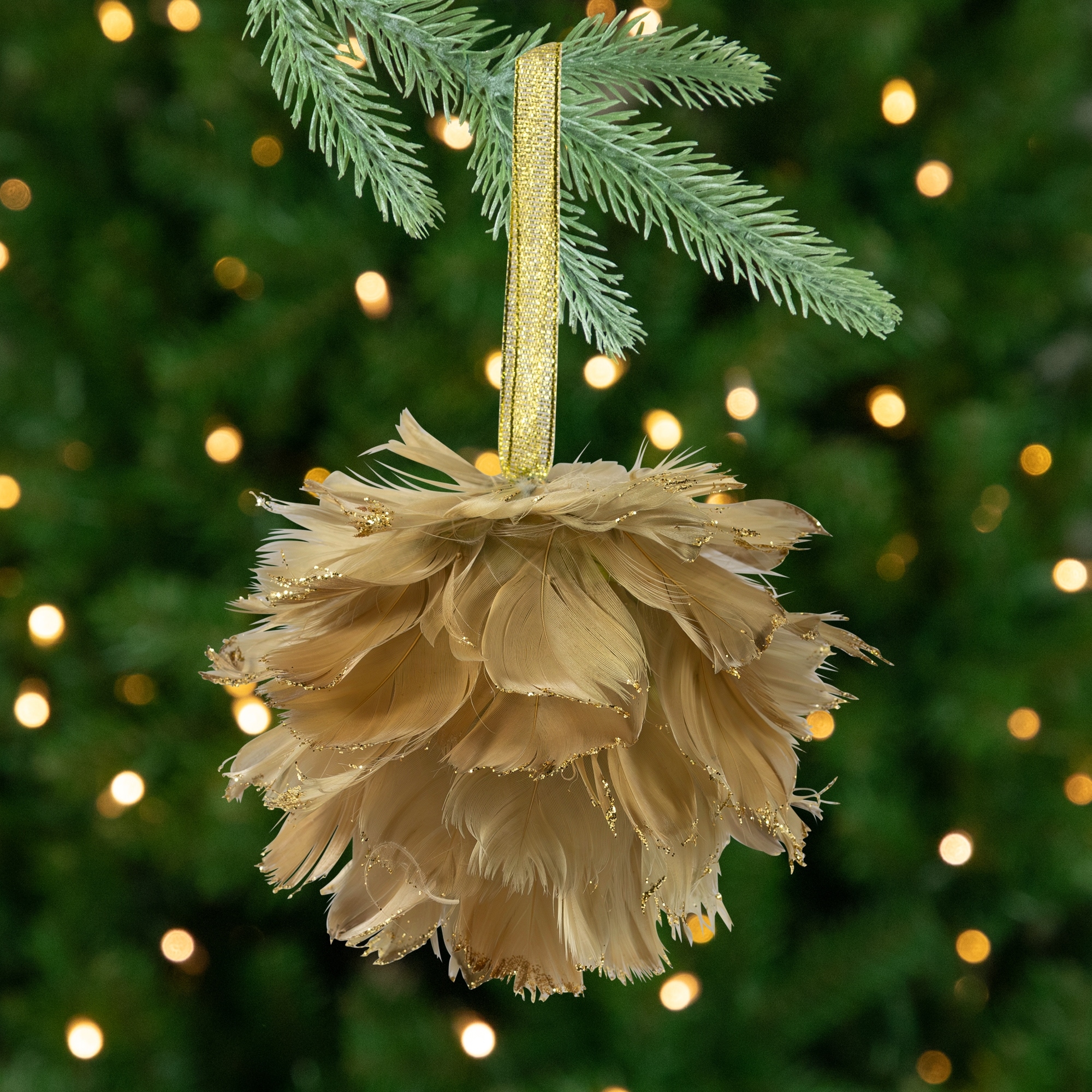 Glittered Feathers Christmas Ball Ornament - 6" - Tan