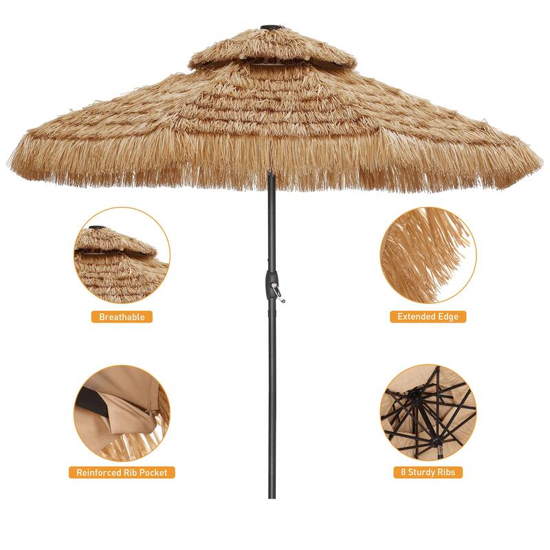 Autlaycil 9ft Hula Thatched Tiki Outdoor Umbrella with Crank & Lights