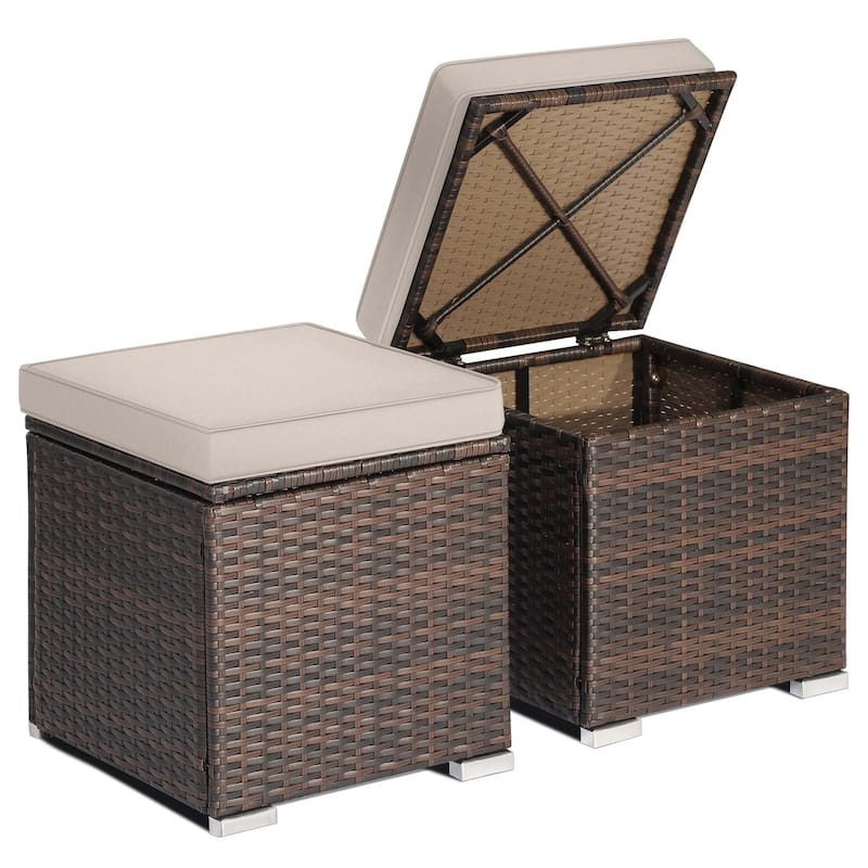 2 PCS Patio Ottoman Multipurpose Outdoor Footstool Storage Box - Beige
