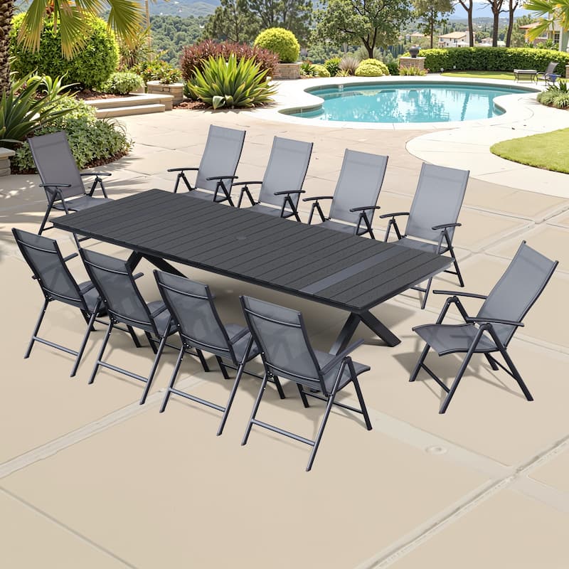 Aluminum Rectangular Outdoor Patio Dining Table with Durable Adjustable Reclining Folding Chair