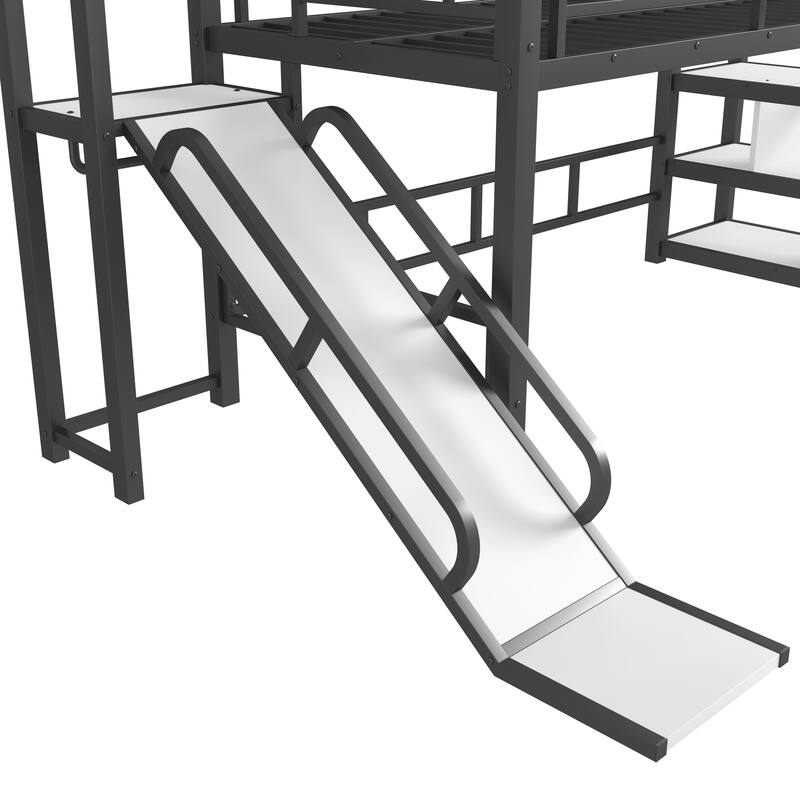 Roomfitters House Loft Bed with Slide and Stairs, Metal Playhouse Frame with Storage Shelves