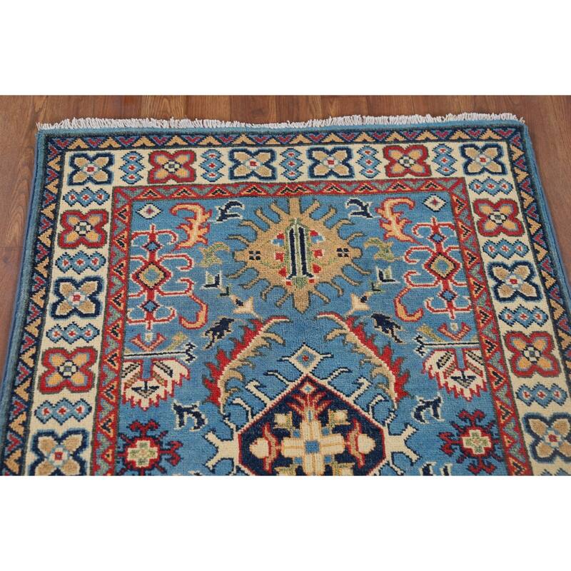 Blue Geometric Kazak Foyer Rug Hand-Knotted Wool Carpet - 2'10" x 3'11"