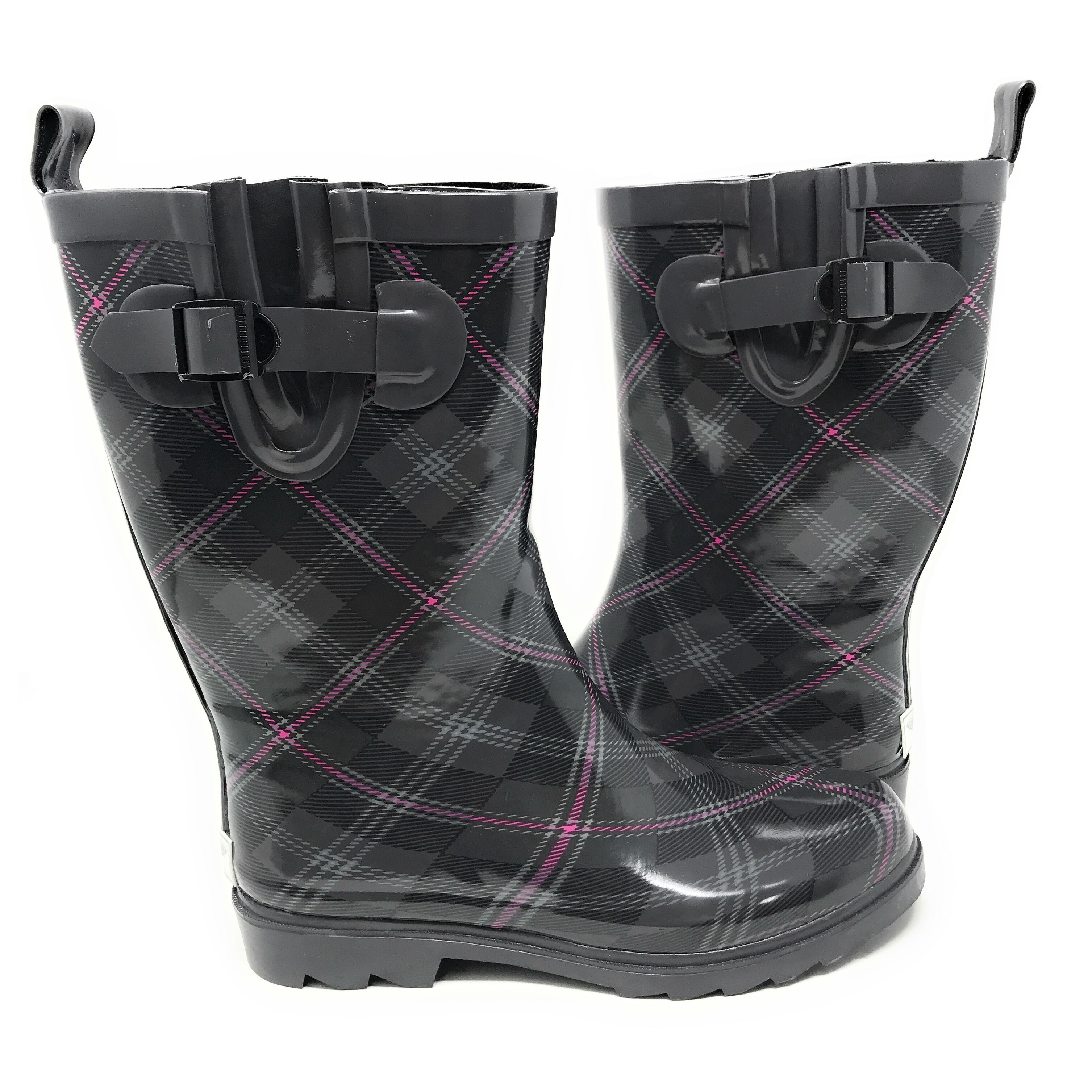 black and white plaid rain boots