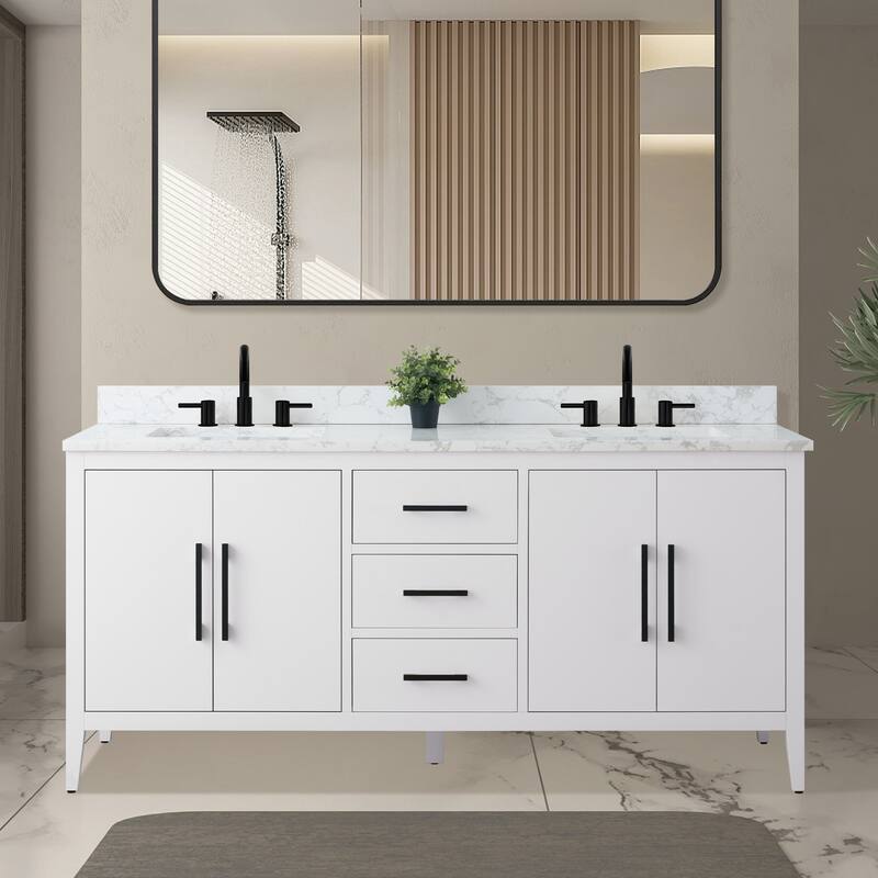Vanity Art 72" Double Sink Bathroom Vanity Cabinet with Engineered Marble Top - 72"/Matte Black Handle - White