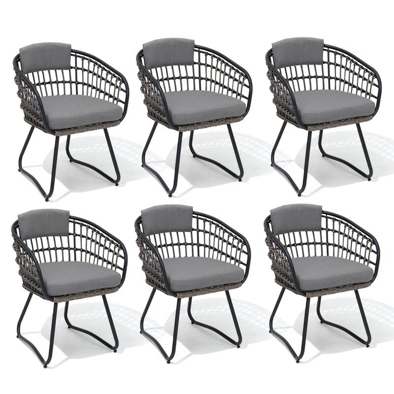 Outdoor Patio Wicker PE Rattan Dining Chairs Set with Seat Back Cushion - Grey-6PC