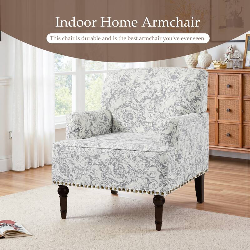 Striped Upholstered Linen Armchair with Brass Nailhead Trim