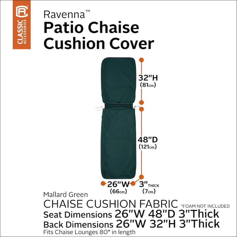 Classic Accessories Ravenna Water-Resistant Patio Chaise Cushion Cover, 80 x 26 x 3 Inch