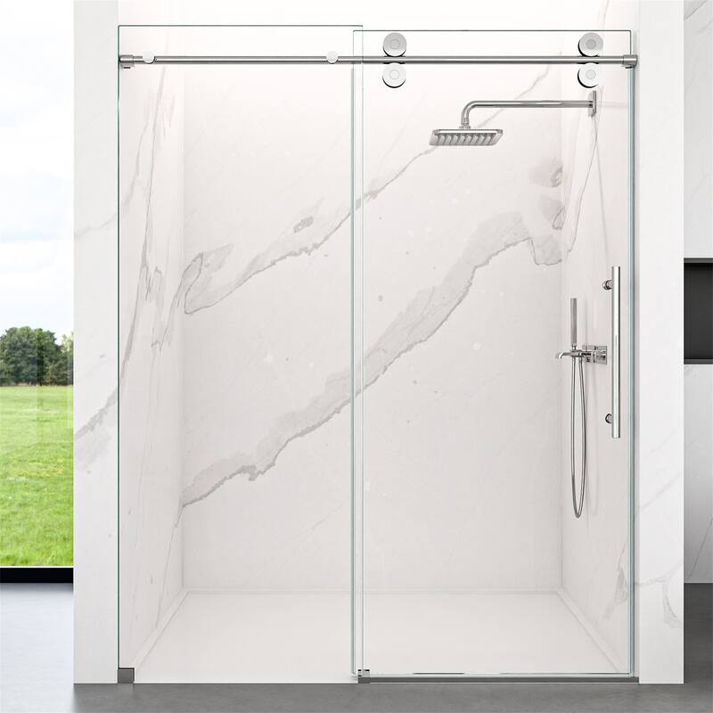 Frameless Clear Tempered Glass Single Sliding Shower Door w/ 5/16" Thick - Chrome