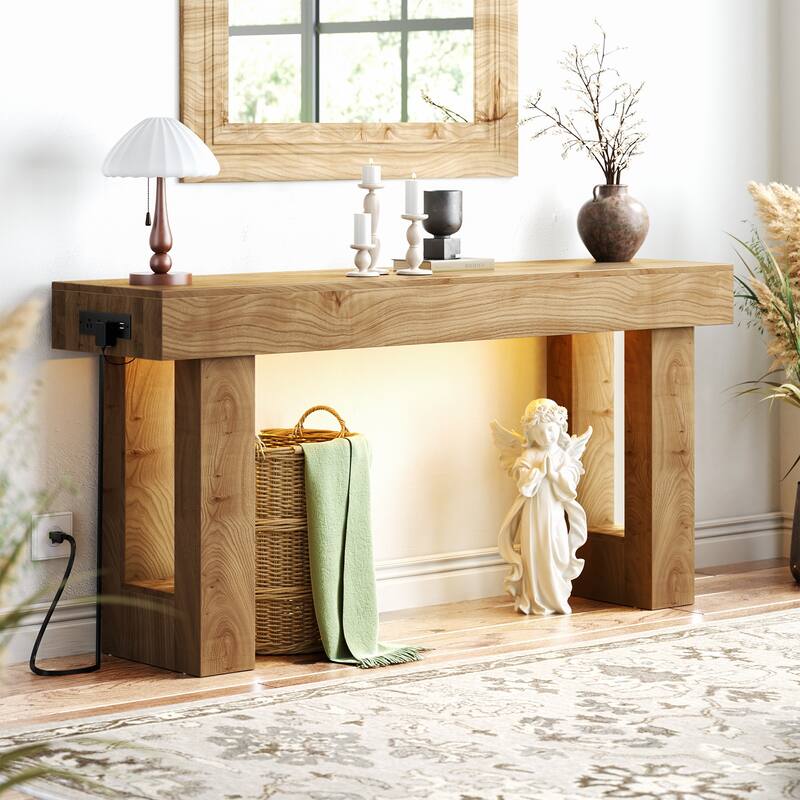 63'' Console Table with Motion Sensor Light and Charging Station, Modern Farmhouse Entryway Table - Natural Oak