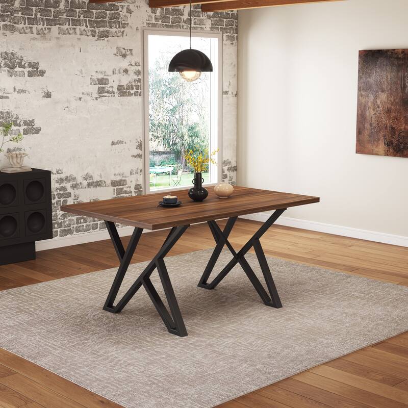 Industrial Dining Table Walnut MDF Top Metal Trestle Base Distressed Finish - Walnut+Black