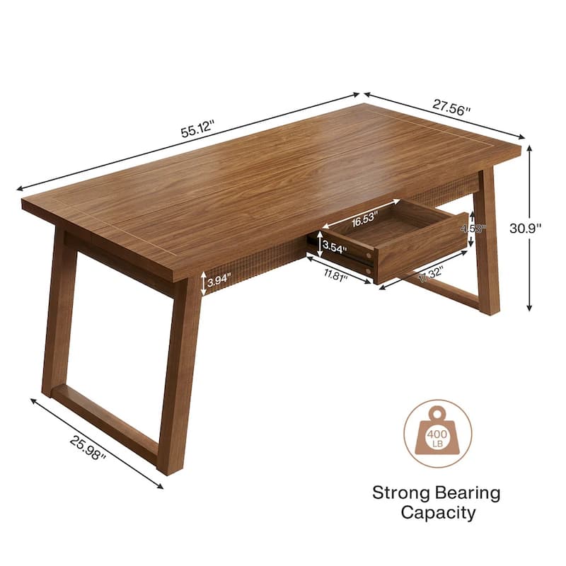 Dining Table with Hidden Drawer, Wood Kitchen Table for 4-6 People, Home Office Table with Wood Legs