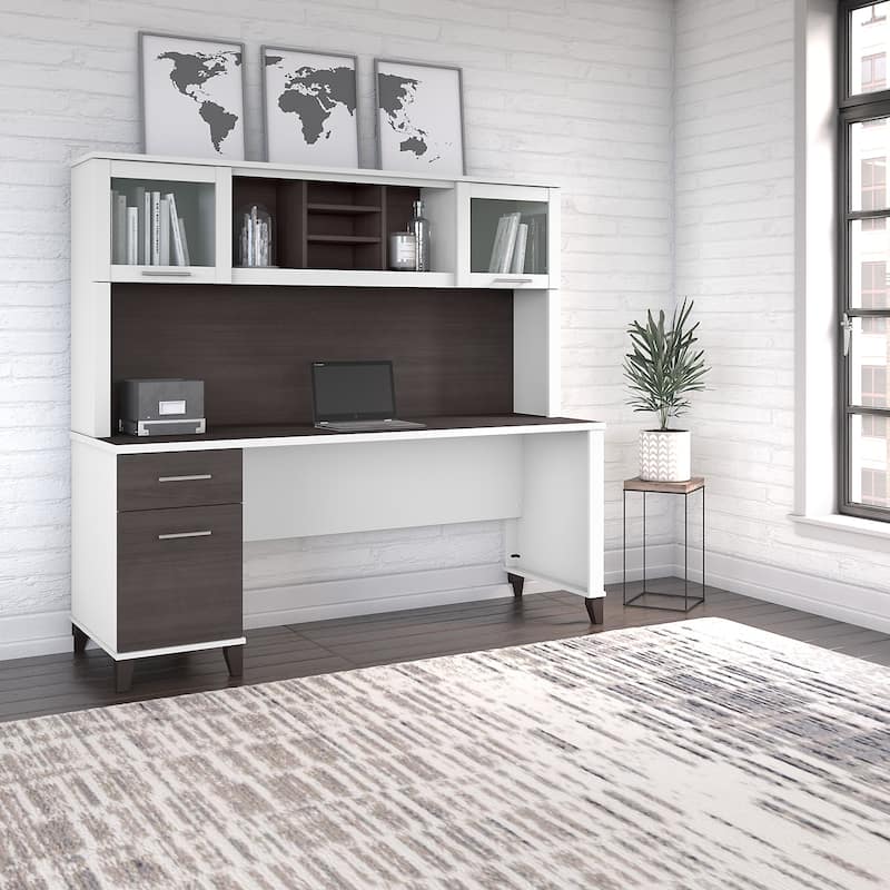 Bush Furniture Somerset 72W Office Desk with Hutch in Ash Gray - Storm Gray/White