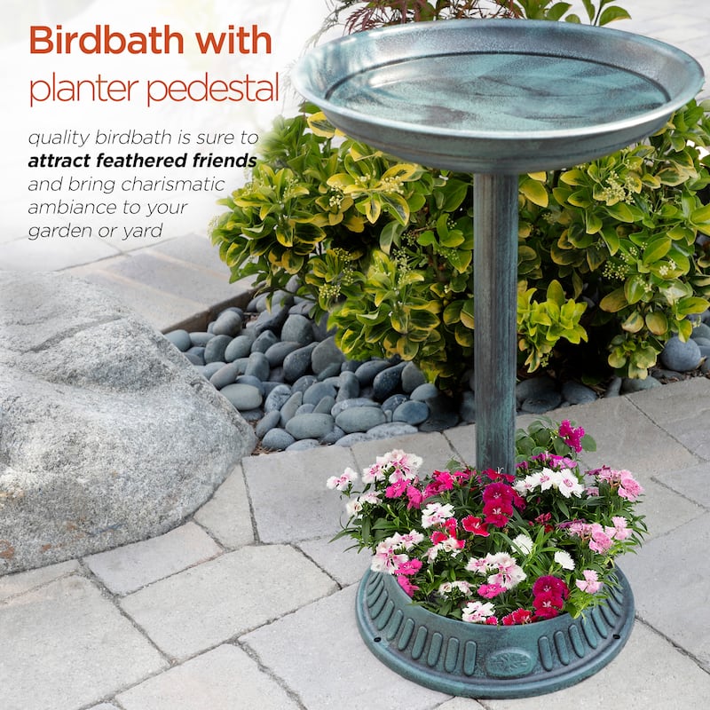 Alpine Corporation 25" Tall Outdoor Birdbath with Planter Yard Statue, Green