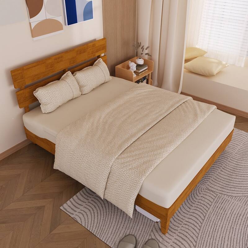 Modern Brown Solid Wood Platform Bed Frame with Headboard