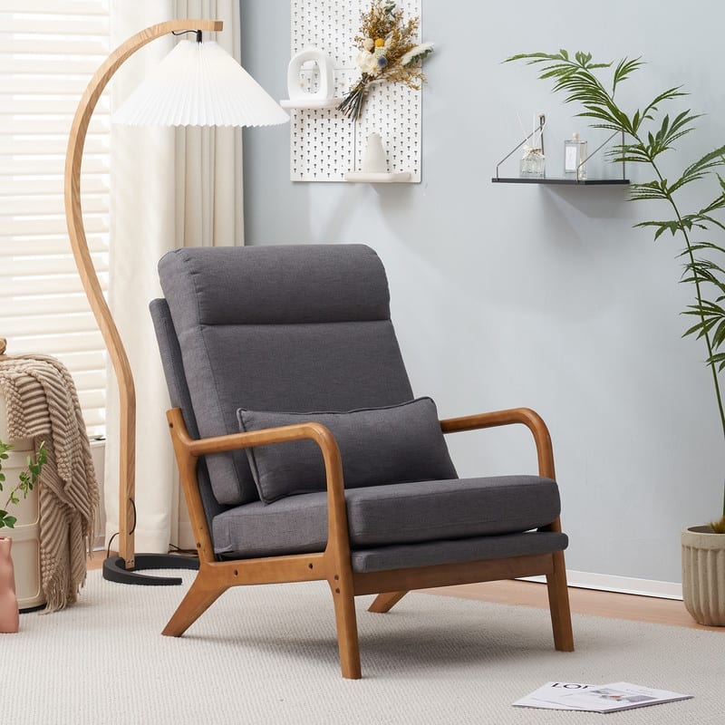 High Back Solid Wood Armrest Backrest Leisure Chair Accent Chair - Dark Gray-Linen