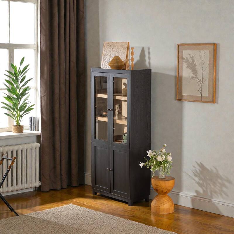 74.5'' Ash Wood Grain Display Cabinet with Glass Doors, Adjustable Shelves & Mid-Century Modern Bookcase for Living Room