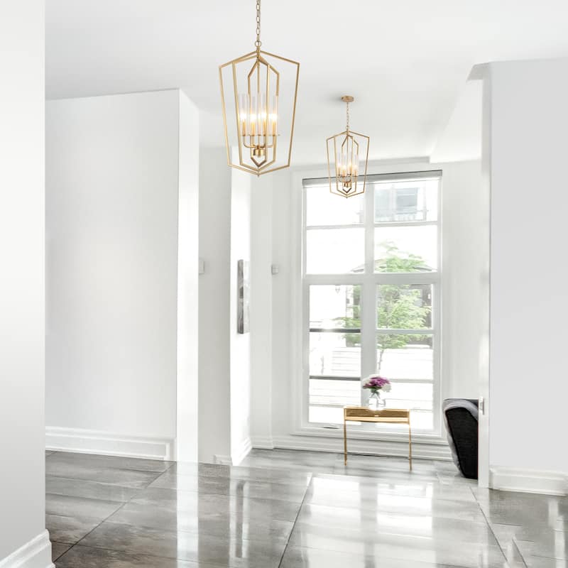 Mid-Century Modern 4-Light Gold Geometric Chandelier Glass Pendant Lights for Dining Room - 16.5" D x 27" H