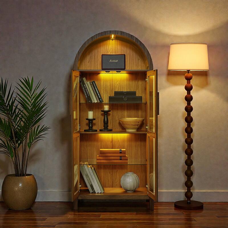 High Arched Wooden Storage Cabinet with LED Light, Adjustable Glass Shelves, Modern Retro Multi-Functional Display Locker