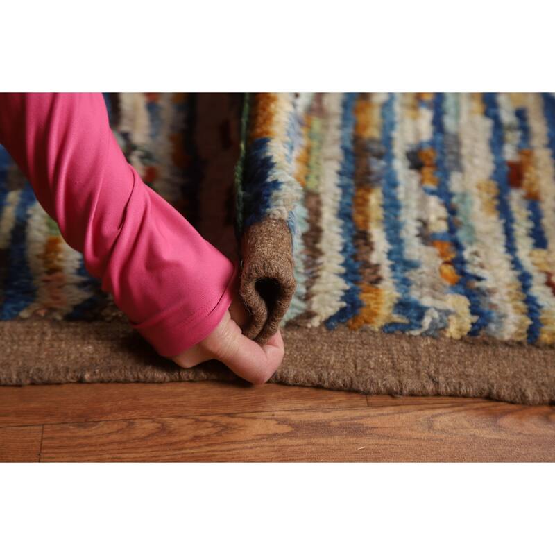 Hand Knotted Oriental 100% Wool Carpet Modern Stripe Multi-Colored Moroccan Area Rug - 7' 8'' X 5' 5''