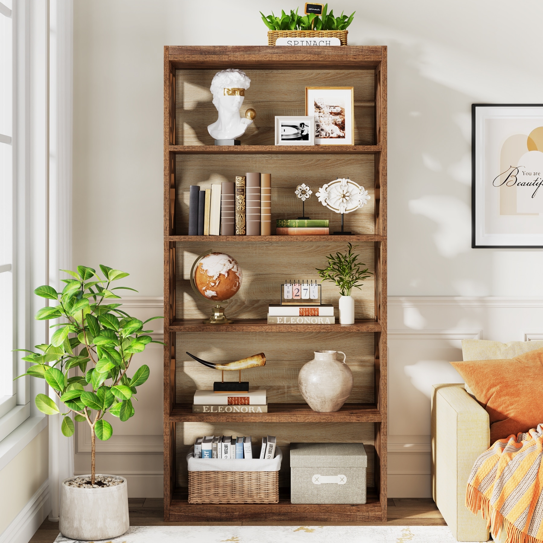 6-Tier Rustic Bookshelf, 70-Inch Wooden 5 Shelf Bookcase - 11.81