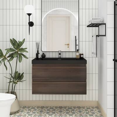 MDF Wall-Mounted Bathroom Vanity Set in Rose Wood with Integrated Culture Marble Sink