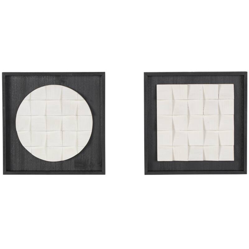 White Wood 3D Cube Grid Geometric Home Wall Decor with Black Frames (Set of 2)