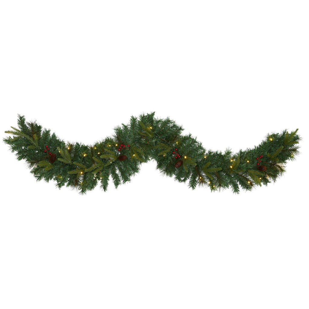 Artificial Christmas Garland 6ft Pine Lights Berries Pinecones Holiday Decor - 72
