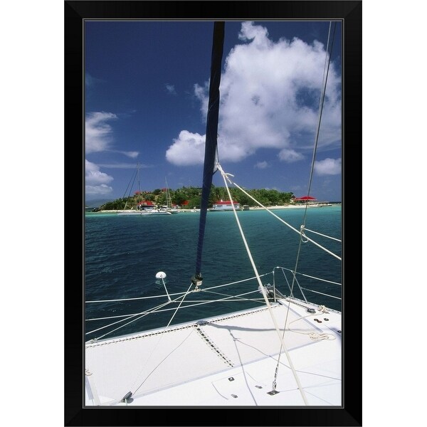 "Catamaran moored off island" Black Framed Print