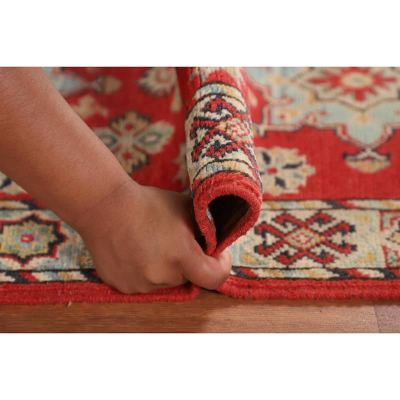 Geometric Red Kazak Runner Rug Handmade Wool Carpet - 2'2" x 5'11"