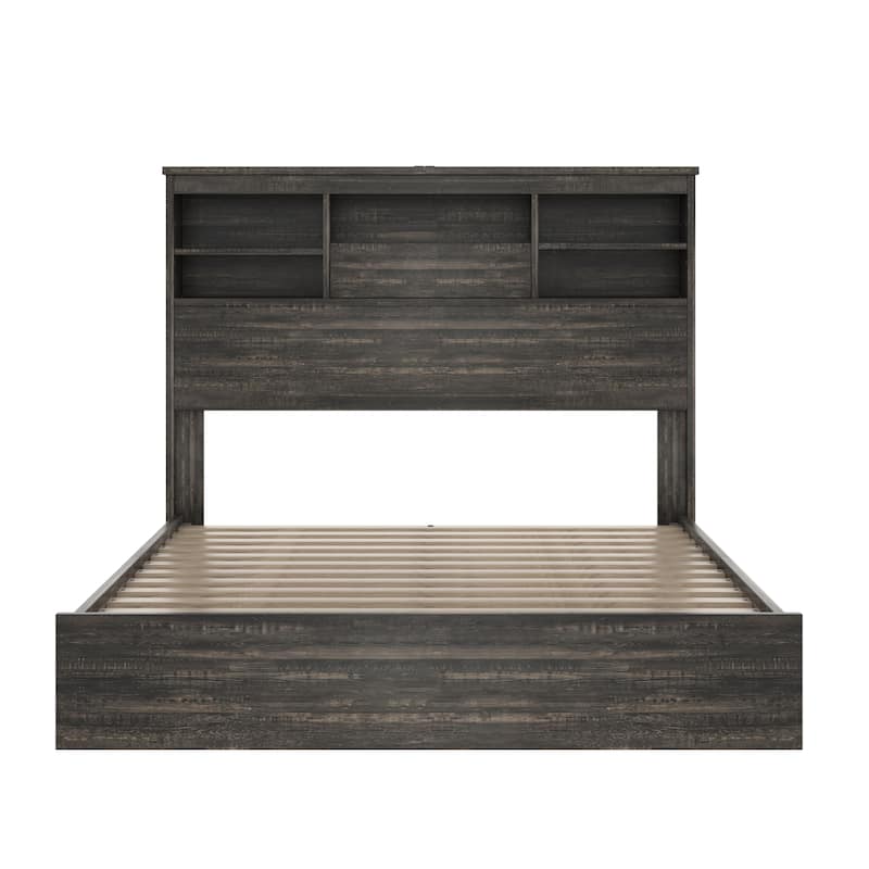 Roomfitters 4-Piece Bedroom Set, Wooden Queen Size Bed with Storage Headboard and Charging Station